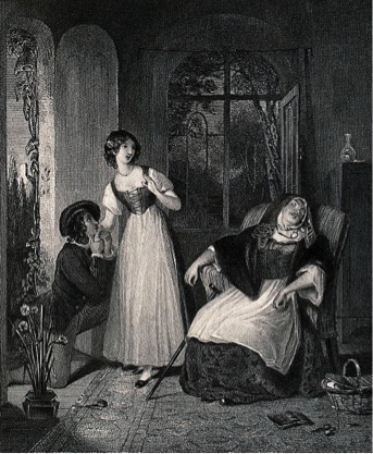 F.P. STEPHANOFF, “WHILE HER CHAPERONE SLEEPS A YOUNG GIRL KEEPS WATCH ON HER AS HER LOVER ON BENDED KNEE KISSES HER HAND”