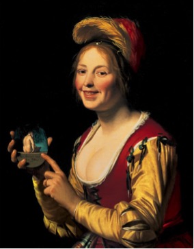 Gerard van Honthorst, “Smiling Girl, a Courtesan, Holding an Obscene Image” (1625)