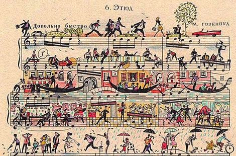 Partituras musicales decoradas en las que la notas musicales forman escenas de la vida cotidiana del grupo People Too