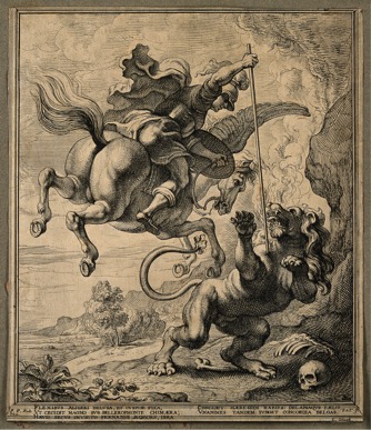 “BELEROFONTE MATANDO A LA QUIMERA” GRABADO DE T. VAN THULDEN, C. 1640, DESPUÉS DE P. P. RUBENS, 1635.
